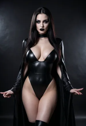Evil sorceress, dark, black and white, long straight black hair, high-contrast, sexy, full body, close up, (black robes), (black leather leotard), (black lipstick), ((large breasts)), gothic, cinematic, fashion, dramatic lighting, intense gaze, powerful, sexy pose, dark background, night, vintage, smooth skin, expressionless, detailed, 9k, vibrant colors, high resolution, hyperrealistic