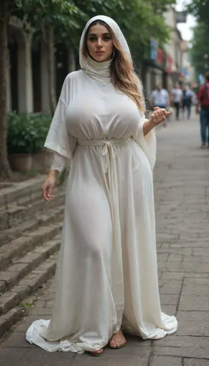 Glamorous woman wearing loose Hijab, hourglass figure, full body, long hair, two tone hair, messy hairstyle, huge hips, (huge breast:1.3), loose long dress, attending a party
