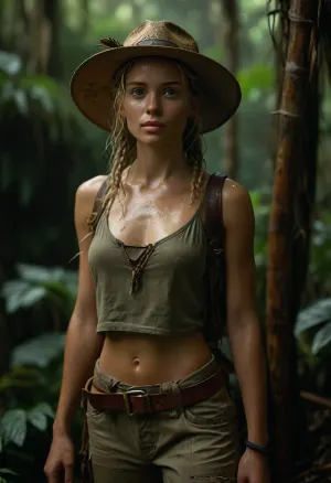 (warm ambient light:.5), Full body view of a slim, flat-chested blonde fully equipped jungle explorer seeks shelter from the heavy monsoon rain beneath large jungle plants, She has dreadlocks, perfect hands, a perfect body, and a perfect face. She looks invitingly hot. Realistic, matte, wet skin, visible skin texture. Her clothes are completely soaked, She's confident. She's in the breathtaking Costa Rican jungle. Heavy rain, jungle mist, peaceful, perfect face, silent smile, She looks invitingly hot. female jungle explorer, dressed in worn khaki clothing, faded green tank top, and lightweight beige pants, trekking through the dense Amazonian rainforest on a sweltering summer afternoon, humidity thick in the air, discovers a hidden ancient temple deep in the jungle, overgrown with vines and moss, with intricate carvings depicting a long-lost civilization. She wears a battered canvas safari hat, adorned with colorful feathers and a few loose threads, perched atop her messy blonde ponytail. she wields a worn leather machete strap around her waist, holding a sturdy 12-inch blade, its wooden handle worn smooth from countless uses, cinematic color grading with warm tones and high contrast to bring out the lush vegetation and atmospheric lighting, a dynamic low-angle, (photorealistic:1.5), 8k, UHD, strong sidelight, contrast, razor-sharp, slim, petite, shadows on the skin, (sharp focus), (high quality), (face visible), RAW image, Canon EOS R3, DSLR photo, best quality., (realistic skin, photorealistic:1.2), ultra high resolution, UHD 8K, extreme realism, maximum details., vibrant, dream, pale, reality, cloudy, smoke, atmospheric, clouds, fog, <lora:vibrant_dream:.9>, <lora:Cloudy_Style:1.5>, <lora:MJ52:.8>