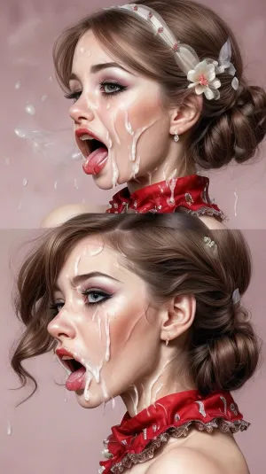 Young woman dressed and made up for wedding. Her face is striking and unusual — delicate yet surreal. Bold sexy makeup highlights her features, painted teardrops, red nose, intricate eye designs. Expression is hauntingly emotional — a smile with sadness behind it. Her beauty is unique, with asymmetry or unexpected charm. Ruffled collar frames her neck, colorful outfit contrasts with the subtle intensity of her face. Soft, moody lighting enhances every detail, (doggy style With man:1.5), (side view:1.5), (screaming:1.6), (cum ejaculation everywhere:1.6), (saliva:1.4), (gangbang:1.3)