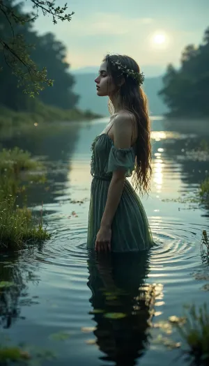 ethereal water spirit emerging from a still lake at night, kissing the reflection of the full moon on the surface, glowing translucent skin illuminated by moonlight, long flowing hair made of green water plants and algae, adorned with delicate decorations of twigs, moss, and pondweed, serene expression, bare body partially veiled by floating aquatic plants, soft ripples on water, mist rising around her, enchanting fantasy atmosphere, stars reflected in the lake, cinematic lighting, 8k, ultra detailed, mystical and romantic, <lora:MJ52:.8>