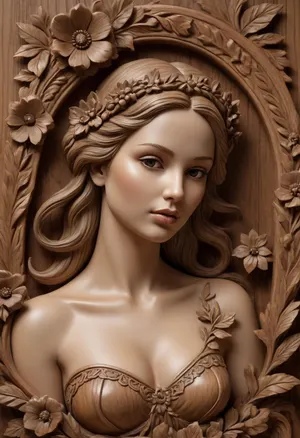 A detailed, sepia-toned wood carving depicting a coquettish slavic women. Surrounding the women are large, stylized flowers with detailed petals and berries, all set against a wooden background with natural grain textures. The carving's design emphasizes realism and natural beauty, capturing the delicate elegance of the women amidst a floral arrangement. #©KITTYART

























#©KITTYART