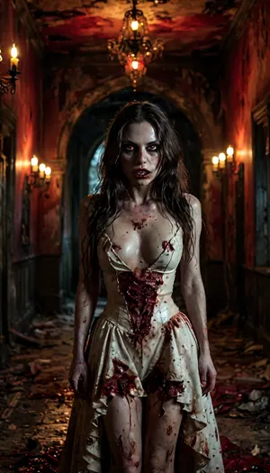 masterpiece, score_9, score_8_up, score_7_up, 1girl, from below, beautiful sexy terrifying vampire woman in a bride dress leaning over the viewer inside a dark room at night, medium shot, (standing and lunging forward), threatening pose, ((glowing red eyes:1.9)), (stunning pale white-skinned vampire woman with long flowing wavy black hair and wearing a snug bridal gown), slender very tall body, (ghastly pale pale white skin), (blood-soaked mouth with vampire fangs dripping blood:1.2), (((very very long vampire fangs:1.5))), hungry expression, large natural breasts, hawkish nose, tall tall face, black eyebrows, strong cheekbones, ((bride’s dress)), face focus, a little cleavage, nighttime, inside a very dark room with stone walls at night, dim lighting, very aesthetic, subsurface scattering, (rotting flesh, decaying skin texture, rotted skin texture, detailed skin texture:1.7), skindentation, vampire woman, insane level of detail, horror, scene, dark, glowing, eyes, rooms, girl, gore, <lora:Mistress_of_the_night-000016:.5>, <lora:style_lora_realis:1>, <lora:3cfdf102b8e09e99ae7eb77b194d9459:1>