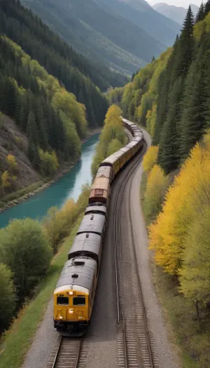 An old freight train with a yellow cab pulls a large number of wagons with cargo along a winding track winding through a plain with sparse trees and a small lake to the foot of a mountain pass
