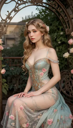 Rating_explicit, left breast are eposed, photo-realistic portrait of a beautiful woman sitting on an ornate vintage bench beside a blooming rose bush in a floral garden, wearing transparent gown, left shoulder are exposed, nlbody visible through translucent fabric, long wavy hair styled loosely, (modern high-resolution DSLR photography), golden hour lighting, shallow depth of field, (a wrought iron arch with flowing art nouveau patterns inspired by Alphonse Mucha on background:1.4), pastel colors, floral abundance, cinematic atmosphere, professional editorial fashion photo, 8k realism, Mucha, mucha, art, style, raw, lighting, overexposed, harsh, flash, <lora:add-detail-xl:.8>, <lora:detailed_notrigger:.8>, <lora:Rawfully Stylish v0.2_epoch_20:.8>