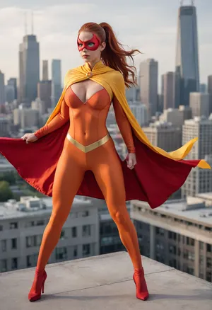 Pyro Vixen, super heroine, vibrant colors, (orange costume with yellow accents), (red cape), (long flowing red hair in a ponytail), slight tan, ((muscular)), fit, (toned), ((large breasts)), (orange mask), action pose, on top of building, city in background