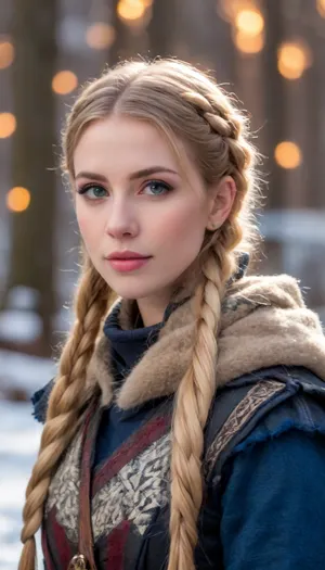 A fiercely proud Nordic girl stands, her presence exuding unwavering strength. Her blonde braids cascade down her back, framing a face marked by determination and resilience. This stunning portrait captures her piercing blue eyes, reflecting the icy landscapes of her homeland. The intricate details of her embroidered Viking armor and fur-lined cloak speak of her warrior spirit. This high-quality painting seamlessly combines power and grace, drawing the viewer into the captivating story of a fierce Nordic warrior princess. body manipulations, divine proportion, non-douche smile, gaze into the camera, holographic shimmer, whimsical lighting, enchanted ambiance, soft textures, imaginative artwork, ethereal glow, silent Luminescence, whispering Silent, iridescent Encounter, vibrant background, full body, (((rule of thirds))), high quality, high detail, high resolution, (bokeh:2), backlight, (long exposure:2)