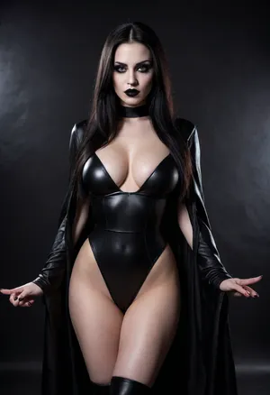 Evil sorceress, dark, black and white, long straight black hair, high-contrast, sexy, full body, close up, (black robes), (black leather leotard), (black lipstick), ((large breasts)), gothic, cinematic, fashion, dramatic lighting, intense gaze, powerful, sexy pose, dark background, night, vintage, smooth skin, expressionless, detailed, 9k, vibrant colors, high resolution, hyperrealistic