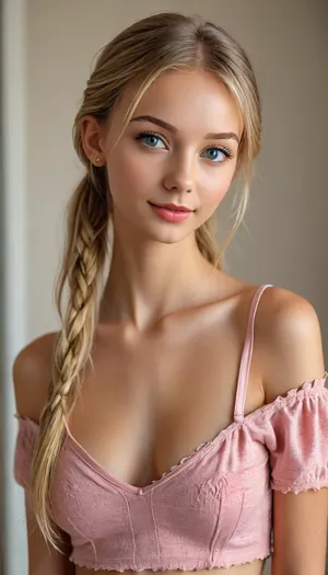 ((Close-up girl)), (((very skinny))), upper body, (((very petite young girl))), (((small snub nose))), (big eyes), super realistic photography, perfect lighting, (best shadow), 8K, UHD, clear image, (best lighting), highest quality, super detailed images, fine details, high resolution, 8k wallpaper, masterpiece, wide angle, super detailed NSFW clothing, super detailed photography, (((very cute face))), very petite, very young, seductive Russian girl, (((18 years old))), ((smirk)), (((very long blonde hair messy thin pigtails))), (((shiny skin))), very young girl, long hair, (((blush))), (lipstick), microchest, tiny crop top, garter belt, (((Long nipples))), (((standing))), (((tiny micro skirt))), visible panties, (((Flashing Tits))), (((shirtlift))), ashlynn_spektre_xl, <lora:MJ52:.7>, <lora:Realism_Lora_By_Stable_yogi_SDXL8.1:.4>, <lora:attractive_notrigger:.5>, <lora:()Ashlynn Spektre XL:.8>