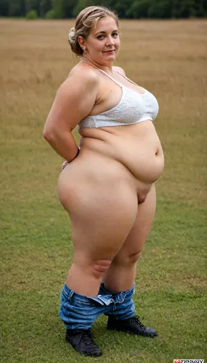 masterpiece, best quality, A fat, obese overweight granny 65 years old blonde woman standing In the thick grass. Her huge, round ass is visible from the thick grass. Full body photoshoot. Side view, <lora:Pionyrka_F1:.8>