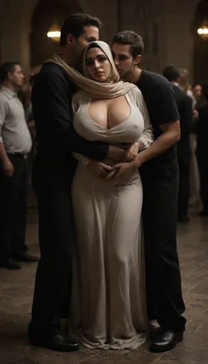 Glamorous woman wearing loose Hijab, sexy hourglass figure, full body, long hair, two tone hair, messy hairstyle, huge hips, (huge breast:1.3), loose long dress, attending a party with diverse group of people, see hug a man with lust, <lora:dark:.8>