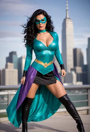 Shadow Minx, super heroine, (milf), dynamic pose, (teal costume with black accents), (teal hero mask), (black high heeled boots), (long flowing lavender skirt), (long curly black hair), slight tan, ((muscular)), fit, (toned), full body shot, city skyline background, ((large breasts)), light makeup, dramatic lighting, high contrast colors, (windswept lavender skirt), detailed costume, superhero outfit