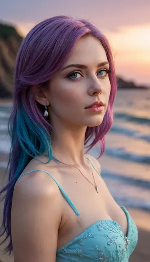 complex 3d render ultra detailed of a beautiful porcelain profile woman face, stood on a beach, sunset of pink and cyan complementary colours, ((looks very sweet)), (((Medium-long shot))), ((purple hair, blue eyes)), 150 mm, beautiful studio soft light, rim light, vibrant details, luxurious, hyper realistic, anatomical, facial muscles, elegant, octane render, DSLR, 8K, high quality, analogue style, professional, detailed skin texture, detailed hair texture, detailed pores, best quality, highest quality, cinematic lighting, ((sweet face)), (Alissa:.2), (volumetric lighting), extremely detailed CG unity 8k wallpaper, focused, 8k wallpaper, 4k wallpaper, extremely detailed, ultra realistic, photorealistic, sharp focus, absurdness, (HDR:1.2), (high contrast), photograph, 3dmm style, (masterpiece, top quality, best quality, official art, beautiful and aesthetic:1.2), 1girl, beautiful, high detailed, purple hair with a hint of pink, blue eyes, dark lighting, serious face, looking the camera, sky, body shot, focus on face, White dress, jewellery, in an elegant room