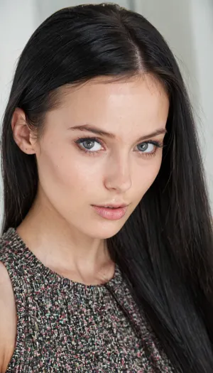 A very detailed and realistic portrait of a young woman with an intelligent yet attractive appearance. She has a delicate face, smooth fair skin and long straight black hair. Her expressive eyes are calm, giving her a sophisticated and diligent look.
