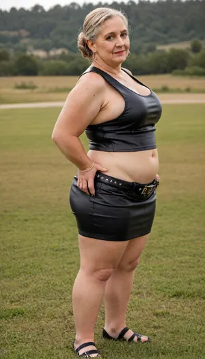 masterpiece, best quality, A fat, obese overweight granny 65 years old blonde woman standing In the thick grass. Her huge, round ass is visible from the thick grass. Full body photoshoot. Side view, namila, a, uniquely, designed, outfit, made, of, [brown/black/white], material, that, resembles, leather., The, top, is, sleeveless, with, jagged, edges, and, cutouts, exposing, the, midriff., bottom, short, skirt, similar, design, featuring, belt, metal, details, <lora:Namila_Shredded_Flux:.8>