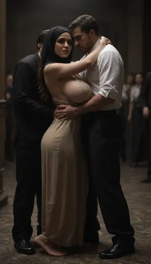 Glamorous woman wearing loose Hijab, sexy hourglass figure, full body, long hair, two tone hair, messy hairstyle, (huge breast:1.3), black loose long abaya, attending a party with diverse group of people, she hugging a man with lust, <lora:dark:.8>