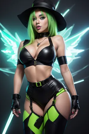 A detailed piece of artwork depicts a flirtatious, anime-style woman with aroused skin and bright green hair. She wears a black crop top with an open front, revealing her cleavage, and matching high-waisted pants with green accents. Her outfit is complemented by a large black hat, fingerless gloves, and a necklace. The background features a swirling, neon green design, creating a futuristic look. Confident pose. #©KITTYART

























#©KITTYART