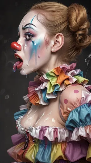 Young woman dressed and made up as a clown. Her face is striking and unusual — delicate yet surreal. Bold clown makeup highlights her features, painted teardrops, red nose, intricate eye designs. Expression is hauntingly emotional — a smile with sadness behind it. Her beauty is unique, with asymmetry or unexpected charm. Ruffled collar frames her neck, colorful outfit contrasts with the subtle intensity of her face. Soft, moody lighting enhances every detail, (doggy style With man:1.5), (clown make-up:1.3), (side view:1.5), (screaming:1.6), (cum ejaculation everywhere:1.6), (saliva:1.4), (gangbang:1.3)
