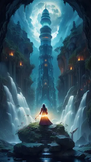 Xanadu did Kubla Khan
A stately pleasure-dome decree, Where Alph, the sacred river, ran
Through caverns measureless to man
Down to a sunless sea.
So twice five miles of fertile ground
With walls and towers were girdled round, And there were gardens bright with sinuous rills, Where blossomed many an incense-bearing tree, And here were forests ancient as the hills, Enfolding sunny spots of greenery.

But oh ! that deep romantic chasm which slanted
Down the green hill athwart a cedarn cover !
A savage place ! as holy and enchanted
As e'er beneath a waning moon was haunted
By woman wailing for her demon-lover!
And from this chasm, with ceaseless turmoil seething, As if this earth in fast thick pants were breathing, A mighty fountain momently was forced, Amid whose swift half-intermitted burst
Huge fragments vaulted like rebounding hail, Or chaffy grain beneath the thresher's flail, And 'mid these dancing rocks at once and ever
It flung up momently the sacred river.
Five miles meandering with a mazy motion
Through wood and dale the sacred river ran, Then reached the caverns measureless to man, And sank in tumult to a lifeless ocean, And 'mid this tumult Kubla heard from far
Ancestral voices prophesying war!
The shadow of the dome of pleasure
Floated midway on the waves, Where was heard the mingled measure
From the fountain and the caves.
It was a miracle of rare device, A sunny pleasure-dome with caves of ice!

A damsel with a dulcimer
In a vision once I saw, It was an Abyssinian maid, And on her dulcimer she played, Singing of Mount Abora.
Could I revive within me
Her symphony and song, To such a deep delight 'twould win me, That with music loud and long, I would build that dome in air, That sunny dome ! those caves of ice!
And all who heard should see them there, And all should cry, Beware! Beware!
His flashing eyes, his floating hair!
Weave a circle round him thrice, And close your eyes with holy dread, For he on honey-dew hath fed, And drunk the milk of Paradise.

ultra-high definition, (UHD), Hyperrealism and wide dynamic range, (HDR), realistic lighting, iridescent and luminescent spectrum, breathtaking beauty, pure perfection, divine presence, unforgettable, impressive, neon atmosphere, intricate complexity, rays of light, lightgeo, sacred geometry, surreal futurism, super detail, fine details, high resolution, (transparent silhouette:1.28), (backlight:1.12), perfect lighting, (best shadow), 8K, UHD, (best lighting), best quality, bright and surreal, radiant light, breathtaking view, in perfect lighting, the composition is cinematic, with bright colors and exquisite details, ultra-high definition, hyperrealism and high dynamic range, . The lighting is realistic, thanks to a special light source that conveys an atmosphere of intrigue, illuminated light, phosphorescent, (dynamic light)