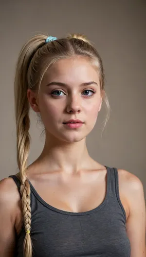 beautiful blonde 18 years old with ponytails woman, lewddungeon, background walls, <lora:tiedbreastsblue_XL_reg0_:.5>