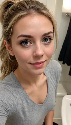 ((ultimate quality:1.5)), score 9, score 8, iphone bathroom mirror selfie, form-fitting black sweater dress with lace seams, long sleeves, sheer dark pantyhose, tack sharp, UHD, Uncomfortable, shy pose, vulnerable, please stop, mobile selfie, full mirror selfie, bathroom mirror selfie, black winged eyeliner, nice smile, side smile, smouldering look, Picture taken at unique angles, sexy selfie, funny selfie, silly face, Instagram selfie, Facebook selfie.

About her, She is 39 years old female mom, wife, her height is 175cm., ((smokey blonde thick hair in a messy ponytail)), .
long round oval face, blue eyes, ., (small bust), size b breasts, sagging tits, perky little breasts, Sun Tanned skin.
Hair up in a ponytail., very, dark, focused, flash, photo, <lora:sdxl_darkflash_v6-000060:1>