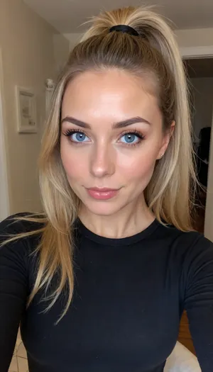 ((ultimate quality:1.5)), score 9, score 8, iphone bathroom mirror selfie, form-fitting black sweater dress with lace seams, long sleeves, sheer dark pantyhose, tack sharp, UHD, Uncomfortable, shy pose, vulnerable, please stop, mobile selfie, full mirror selfie, bathroom mirror selfie, black winged eyeliner, nice smile, side smile, smouldering look, Picture taken at unique angles, sexy selfie, funny selfie, silly face, Instagram selfie, Facebook selfie.

About her, She is 39 years old female mom, wife, her height is 175cm., ((smokey blonde thick hair in a messy ponytail)), .
long round oval face, blue eyes, ., (small bust), size b breasts, sagging tits, perky little breasts, Sun Tanned skin.
Hair up in a ponytail., very, dark, focused, flash, photo, <lora:sdxl_darkflash_v6-000060:1>