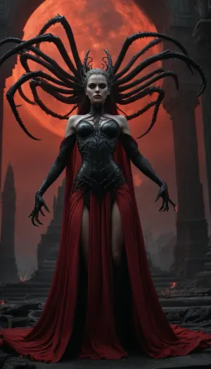(epic, masterpiece, highres), final battle scene, dark goddess floating above the ruins, biomechanical spider limbs extend from her back, dramatic red glow behind her, black and white environment with only red as contrast, erotic and terrifying, tattered silk robes flowing, remains of web temple in background, alien planet sky, fire, mist, apocalyptic elegance, inspired by Giger, HR-fantasy hybrid, strong female power, gothic post-apocalyptic mythology