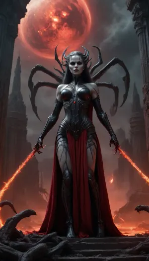 (epic, masterpiece, highres), final battle scene, dark goddess floating above the ruins, biomechanical spider limbs extend from her back, dramatic red glow behind her, black and white environment with only red as contrast, erotic and terrifying, tattered silk robes flowing, remains of web temple in background, alien planet sky, fire, mist, apocalyptic elegance, inspired by Giger, HR-fantasy hybrid, strong female power, gothic post-apocalyptic mythology
