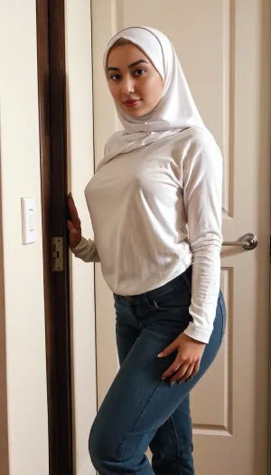Beautiful lady, slim body, at door frame, leaning, wearing hijab, white long sleeve t-shirt, loose baggy jeans, perfect, eyes, skin, blemish, detailed, detailxl, <lora:polyhedron_all_sdxl-000004:.8>