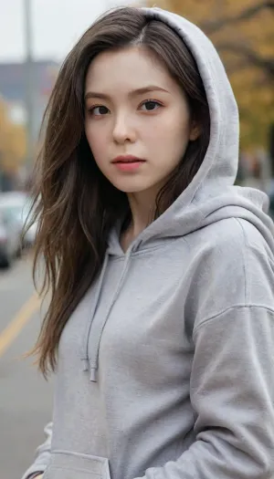 High detail RAW color photo professional, realistic, (photo realism:1.37), ultra high resolution, highly detailed CG unified 8K wallpapers, physics-based rendering, cinematic lighting, shallow depth of field, full body view, grey hoodie, nude lower body, outdoor, irene, ohwx, woman, Irene_ICE, <lora:irene_SDXL:1.2>, <lora:IRENE_SDXL:.8>