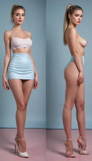 (masterpiece, ultra-detailed, best quality), photo-realistic, hyper-realism, clear image, full body shot, cute, pretty, 22 years old, girl standing, red lips, strong dark makeup, pissing herself, hair high ponytail, (straight-on, frontal body), rear view, naked, barefoot, pretty slim face, blonde hair, small waist, tiny waist, (too skinny:1.2), white skin with freckles, candid skin, slender body, huge round breasts, small tiny ass, (same person, same pose, same angle), (2Split screens, 2split views, onoff:1.2), (wearing mini elastic skirt and white top and stiletto heels shoes), (simple light-blue and pink background), BREAK, <lora:OnoffXL_ExtraCrispy:.7>