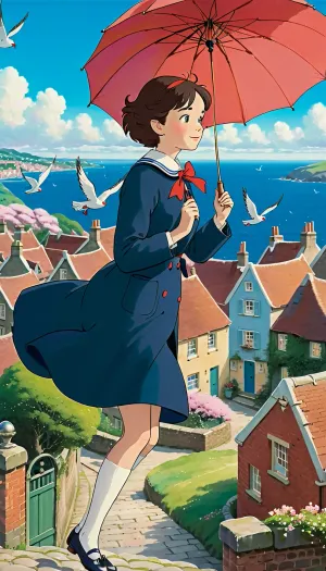 masterpiece, best quality, high detail, Miyazaki Hayao style, Ghibli studio aesthetic, Kiki's Delivery Service atmosphere, Mary Poppins flying gracefully on her umbrella over a london, soft watercolor background, pastel color palette, (dominant blues, creams, soft pinks, greens), gentle sunlight, fluffy cumulus clouds, Mary Poppins, young woman with kind but wise dark eyes, neat dark bob haircut, (slightly windswept), wearing a simplified yet elegant version of her outfit, dark blue sailor-collar coat with red ribbon tie, white knee-high socks, black Mary Jane shoes, iconic parrot-head umbrella, small carpet bag hanging from the handle, slender and graceful figure, serene and confident expression, gentle wind billowing her coat and hair, seagulls flying alongside, cherry blossom petals or dandelion seeds floating in the breeze, distant view of cozy hillside houses with red roofs, sparkling ocean bay, cobblestone streets below, whimsical and heartwarming mood, painterly soft edges, cel-shading influence, atmospheric perspective, studio ghibli film still, animated movie screenshot, ghibli, StdGBRedmAF, Studio, Ghibli, <lora:ghibli_last:.8>, <lora:StudioGhibli.Redmond-StdGBRRedmAF-StudioGhibli:.8>