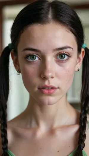 beautiful 18 years old, skinny face, petite body with black hair, pigtails, naked, green eyes with freckles, pale skinny body, earrings, nose ring, lip piercing
