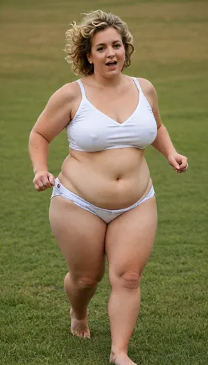 masterpiece, best quality, very happy and funny. Bouncing and running.A fat, obese overweight mature 55 years old blonde woman standing In the thick grass. Her huge, round body is visible from the thick grass. Full body photoshoot. Side dynamic angle, ellker, <lora:BustyWomen-v3:.8>, <lora:ella-kernkamp:.8>