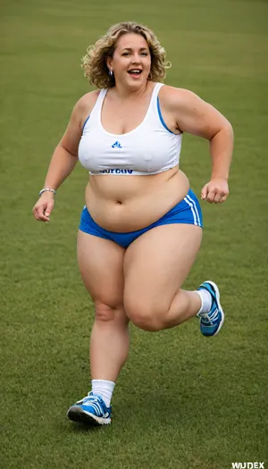 masterpiece, best quality, very happy and funny. Bouncing and running.A fat, obese overweight mature 55 years old blonde woman standing In the thick grass. Her huge, round body is visible from the thick grass. Full body photoshoot. Side dynamic angle, bbs-style, <lora:BustyWomen-v3:.8>, <lora:V3.0-bbs-style-(V21V22):.8>