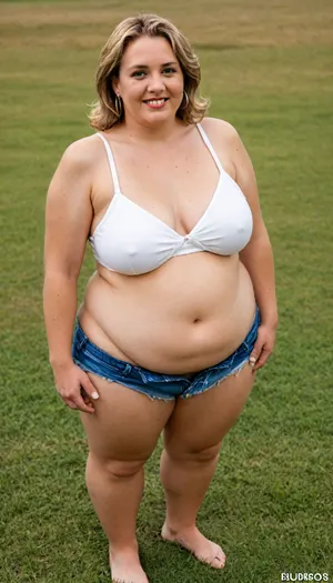 masterpiece, best quality, very happy and funny. A fat, obese overweight mature 55 years old blonde woman standing In the thick grass. Her huge, round body is visible from the thick grass. Full body photoshoot. Side dynamic angle, ellker, <lora:BustyWomen-v3:.8>, <lora:ella-kernkamp:.8>