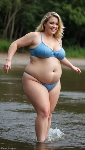 Water splashes, water circles, waves, and rainbows. masterpiece, best quality, very happy and funny. Entertainments. Bouncing and running.A fat, obese overweight mature 55 years old blonde woman standing In the river. Her huge, round body is visible from the river. Full body photoshoot. Side dynamic angle, photograph, young, woman, captured, from, behind., the, side., She, has, ass., ass, mew2bodi, her, upper, body, is, slim, and, small, chest, while, lower, extra, curvy, wide, big, hips, thick, legs, round, Her, completely, flat-chested, with, no, hint, of, curvature, paired, a, flat, toned, abdomen, that, accentuates, sleek, angular, frame., This, stark, minimalism, contrasted, by, outrageously, exaggerated, so, impossibly, they, dominate, silhouette, are, immensely, powerful, dramatically, curvaceous, creating, an, extreme, striking, imbalance., <lora:BustyWomen-v3:.8>, <lora:roundassv16_FLUX:.8>, <lora:mew2bodi:.8>