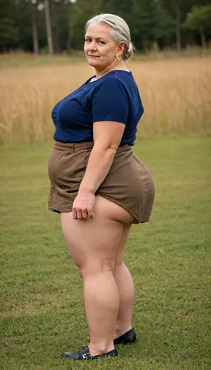 masterpiece, best quality, A fat, obese overweight granny 65 years old blonde woman standing In the Tall grass. Her huge, round ass is visible from the Tall grass. Full body photoshoot. Side view, [brown/black/white], nfse, skirt, black, shiny, nylon, mini, <lora:nfse-skirt-000012:.8>