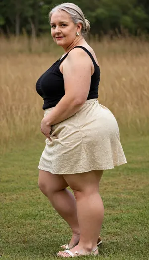 masterpiece, best quality, A fat, obese overweight granny 65 years old blonde woman standing In the Tall grass. Her huge, round ass is visible from the Tall grass. Full body photoshoot. Side view, [brown/black/white], nfse, skirt, black, shiny, nylon, mini, <lora:nfse-skirt-000012:.8>