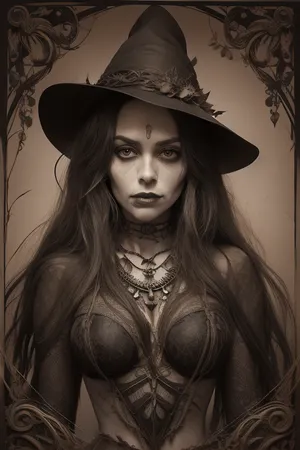 A detailed, sepia-toned wood carving in the Gothic style depicts a topless witch with long, wavy hair, a pointed, leaf-decorated hat, and a tattered cape. Her face is painted grotesque. Surrounding her are skulls, bats, and twisting, thorny vines, creating a macabre, eerie atmosphere. The background is densely filled with intricate, organic patterns, creating a dark, mystical atmosphere. #©KITTYART

























#©KITTYART