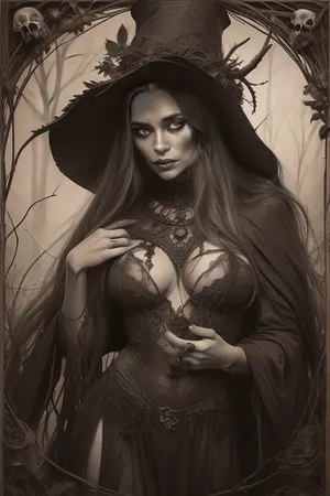 A detailed, sepia-toned wood carving in the Gothic style depicts a topless witch with long, wavy hair, a pointed, leaf-decorated hat, and a tattered cape. Her face is painted grotesque. Surrounding her are skulls, bats, and twisting, thorny vines, creating a macabre, eerie atmosphere. The background is densely filled with intricate, organic patterns, creating a dark, mystical atmosphere. #©KITTYART

























#©KITTYART