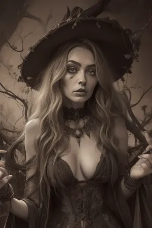 A detailed, sepia-toned wood carving in the Gothic style depicts a topless witch with long, wavy hair, a pointed, leaf-decorated hat, and a tattered cape. Her face is painted grotesque. Surrounding her are skulls, bats, and twisting, thorny vines, creating a macabre, eerie atmosphere. The background is densely filled with intricate, organic patterns, creating a dark, mystical atmosphere. #©KITTYART

























#©KITTYART