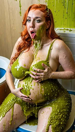 Pin-up style photo of chubby ginger supermodel in fishnet stockings MILF who is sitting at a toilet on her knees, the woman is sick and vomits, (grabbing breast), (throwing up mouth:1.6), (lots of vomit on chest belly boobs:2), puking, (vomit slime dripping from mouth:1.8), creampie, from, above, front, close, up, spreading, legs, extreme, barfing, throwing up, retch, spewing, regurgitate, light yellow creamy sticky liquid vomit, sci-fi, lens-flare, Anamorphic, cold, <lora:detailed_notrigger:1.4>, <lora:431565_training_data:.5>