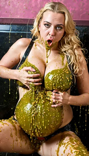 Pin-up style photo of chubby blonde supermodel in fishnet stockings MILF who is sitting at a toilet on her knees, the woman is sick and vomits, (grabbing breast), (throwing up mouth:1.6), (lots of vomit on chest belly boobs:2), puking, (vomit slime dripping from mouth:1.8), creampie, from, above, front, close, up, spreading, legs, extreme, barfing, throwing up, retch, spewing, regurgitate, light yellow creamy sticky liquid vomit, <lora:detailed_notrigger:2>, sci-fi, lens-flare, Anamorphic, cold, <lora:431565_training_data:.8>