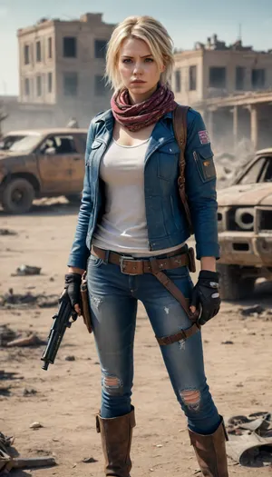 score_9, score_8_up, score_7_up, 1girl, solo, post-apocalyptic survivor, rugged leather jacket with metal accents and worn patches, custom-made pistol with a reinforced wooden frame, short messy blonde hair with a bandana, realistic, cinematic angle, cinematic lighting, athletic body, determined face, intense blue eyes, vigilant pose BREAK navigating a desolate wasteland BREAK source_post-apocalyptic_art, rating_explicit, expressive, full body, dynamic pose BREAK detailed beautiful background, barren landscape with ruined buildings and abandoned vehicles, harsh terrain with cracked earth and scattered debris, distant smoke from burning wreckage, apocalyptic atmosphere with a sense of survival and danger, Expressiveh, (SimplepositiveXLv1:1.3), (((upper body, full clothed:1.85))), ((masterpiece)), (ultra realistic, 32k, masterpiece:1.2), (high detailed skin:1.1), (high quality:1.1), (((full clothed))), (8k uhd:1.4), <lora:add-detail-xl:1>