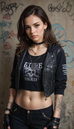 1girl, jewelry, solo, earrings, necklace, pants, long_hair, brown_hair, tattoo, looking_at_viewer, navel, jacket, black_pants, brown_eyes, midriff, graffiti, hood, chain_necklace, chain, choker, blush, black_shirt, hoodie, piercing, gloves, realistic, shirt, black_jacket, gold_chain, clothes_writing