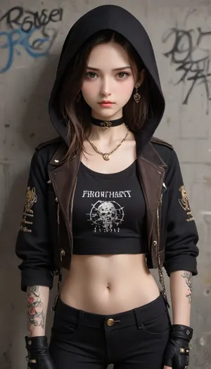 1girl, jewelry, solo, earrings, necklace, pants, long_hair, brown_hair, tattoo, looking_at_viewer, navel, jacket, black_pants, brown_eyes, midriff, graffiti, hood, chain_necklace, chain, choker, blush, black_shirt, hoodie, piercing, gloves, realistic, shirt, black_jacket, gold_chain, clothes_writing