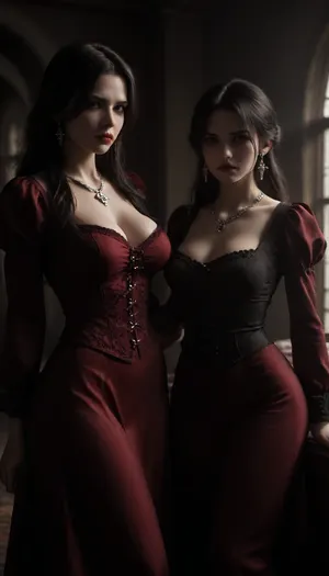 a beautiful whore in elegance bedroom, (very curvy fit figure:1.6), realistic Eurasian facial features, (silky straight long black hair:1.4), posing on bedroom for viewer, (burgundy gown, long ruffles sleeves, textured under-bust corset, earrings, necklaces), (fuller breasts:1.1), red lips, ((intimidating:1.3)), head to knees, hips level, zavy-rmlght, <lora:dark:.1>, <lora:zavy-rmlght-sdxl:1.3>