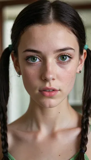 beautiful 18 years old, skinny face, petite body with black hair, pigtails, naked, green eyes with freckles, pale skinny body, earrings, nose ring, lip piercing