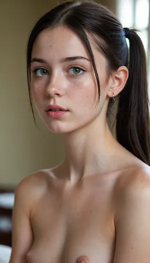 beautiful 18 years old, skinny face, petite body with black hair, pigtails, naked, green eyes with freckles, pale skinny body, ear rings